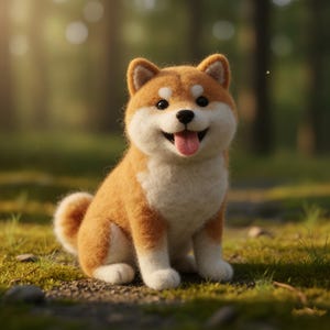 Op de afbeelding: Een charmant Shiba Inu hondenbeeldje met een vrolijke uitdrukking, met een lichtbruine en witte vacht. De hond zit op groen gras met een vage bosachtergrond. De tong van de hond steekt uit.