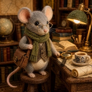 Handmade Felted Mouse Reading Book, Tiny Wool Mouse Figurine, Cozy Cottagecore Animal Decor, Gift for Readers, Miniature Desk Companion