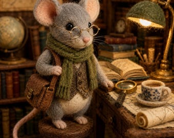 Handmade Felted Mouse Reading Book, Tiny Wool Mouse Figurine, Cozy Cottagecore Animal Decor, Gift for Readers, Miniature Desk Companion