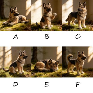 May include: A collection of six handcrafted German Shepherd dog figurines in various poses. The dogs are primarily tan, black, and brown, with detailed features. They are displayed on a bed of green moss, with natural light enhancing their textures.