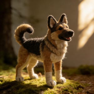 May include: A handcrafted German Shepherd dog figurine, featuring a detailed design with black, tan, and white wool. The dog has a curved tail and is standing on a bed of green moss. The figurine is a charming decorative item.