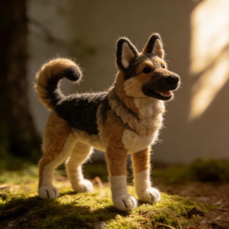 May include: A handcrafted German Shepherd dog figurine, featuring a detailed design with black, tan, and white wool. The dog has a curved tail and is standing on a bed of green moss. The figurine is a charming decorative item.