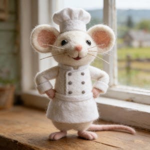 Puede incluir: Una figura de ratón blanco de fieltro vestida de chef, con gorro y uniforme de chef con pequeños botones grises. El ratón tiene orejas, patas y una larga cola rosas. Está sobre una superficie de madera cerca de una ventana.