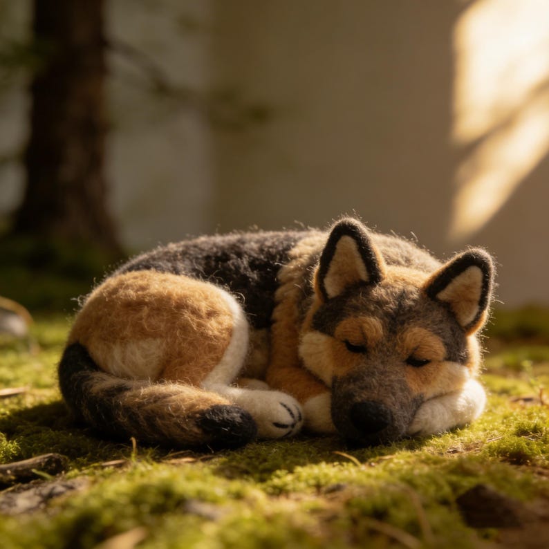 May include: A needle-felted sculpture of a sleeping German Shepherd dog. The figure features a mix of black, tan, and white wool fibers, with pointed ears, a dark snout, and a curled posture, capturing the appearance of a resting canine.