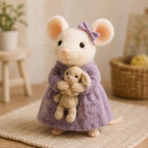 Puede incluir: Figura de ratón de fieltro hecha a mano, con un vestido lavanda y un lazo a juego. El ratón sostiene un pequeño conejito beige. El ratón tiene orejas grandes y redondas y una cola larga y fina. La figura está sobre una alfombra beige.