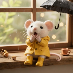 Könnte beinhalten: Eine weiße Mäusefigur mit gelbem Regenmantel und Gummistiefeln sitzt auf einer Holzfensterbank. Ein kleiner schwarzer Regenschirm ist darüber, und eine kleine Teetasse steht daneben. Die Maus hat die Pfoten an ihrem Mund, als wäre sie überrascht.