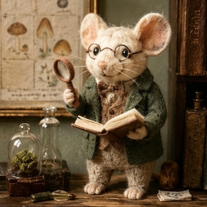May include: A charming felt mouse figure, wearing spectacles, a green jacket, and a bow tie, examining a book with a magnifying glass. The mouse is positioned in front of a bookshelf and a botanical print.