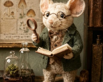 ニードルフェルトで作られた読書するネズミ、手作りの学者ネズミの置物、本好きへのギフト、コテージコア風の図書館の装飾、ウールフェルトの動物