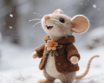 May include: A handcrafted felt mouse figurine, wearing a brown jacket with a flower accent. The mouse has a light brown body, large ears, and a pink nose, set against a snowy backdrop. A whimsical, charming decorative item.