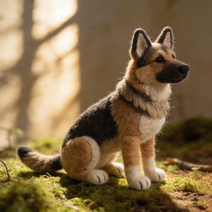 May include: A needle-felted German Shepherd dog figurine crafted from wool. The figure features a black saddle, tan and cream-colored fur, pointed ears with black tips, and a black nose, depicted in a seated position with a textured appearance.