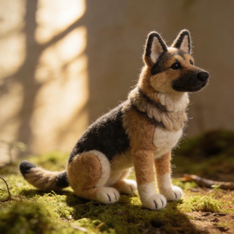 May include: A needle-felted German Shepherd dog figurine crafted from wool. The figure features a black saddle, tan and cream-colored fur, pointed ears with black tips, and a black nose, depicted in a seated position with a textured appearance.