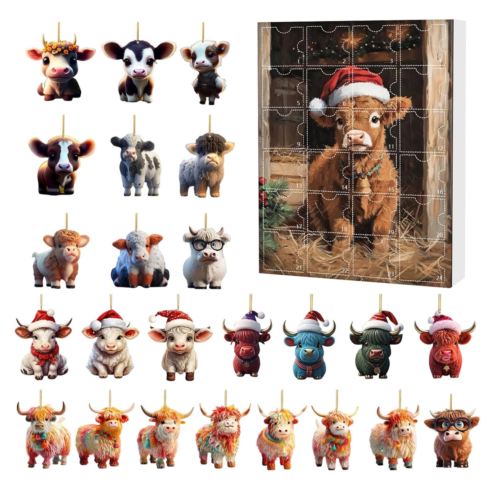 Discover Farm Animal Advent Calendar, Highland Cow Christmas Countdown, 24pcs Acrylic Ornaments, Rustic Farmhouse Holiday Decor, Cute Gift for Kids