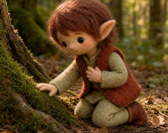 Needle Felted Elf Figurine, Handmade Woodland Elf Decor, Cute Fairy Tale Animal, Cottagecore Nursery Decoration, Nature Lover Gift