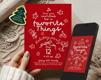 May include: A red holiday party invitation with white text and illustrations, including the words "You are invited to a favorite Things Holiday party" and the date December 12. A smartphone displays the same invitation. A digital art tag is also present.