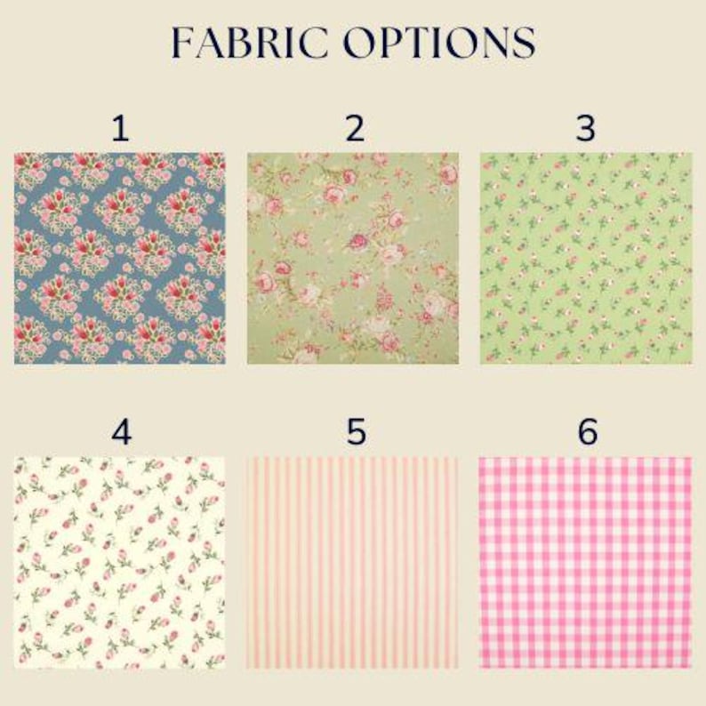 May include: A grid of six fabric options labelled FABRIC OPTIONS. 1: blue with pink floral bouquets. 2: sage green with pink roses. 3: light green with tiny pink flowers. 4: cream with small pink rosebuds. 5: vertical pink stripes. 6: pink and white gingham.