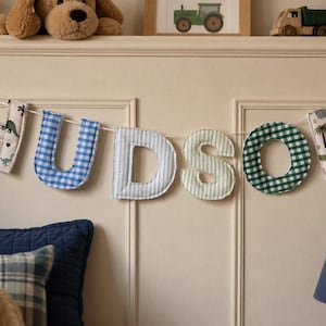 May include: A fabric banner spelling the name HUDSON, featuring individual stuffed letters in various patterns including dinosaur prints, blue and white gingham, light blue stripes, light green stripes, and dark green gingham, all strung on a white cord.