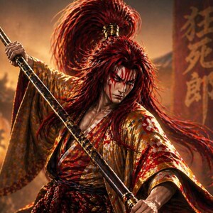 May include: A digital illustration of a warrior with long red hair and a traditional Japanese outfit. The warrior is holding a spear with a gold and black design. The background features Japanese text and a lantern.