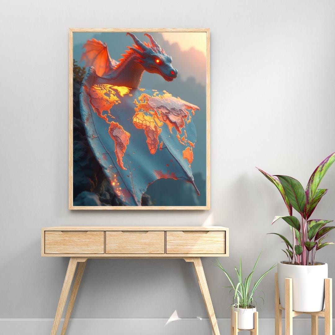 Fantasy Dragon World Map Digital Art Print / Mythical Creature Wall Art ...