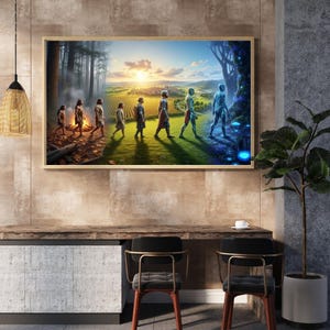 May include: A framed art print showing figures traversing diverse landscapes, from a forest with fire to a sunny field and a glowing, ethereal space. The artwork is displayed above a wooden desk with two chairs.