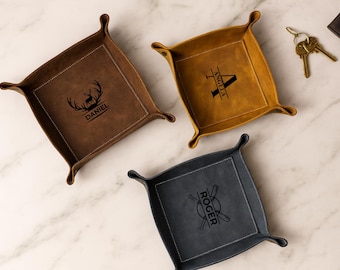 Personalized Leather Valet Tray, Custom Laser Engraved Catchall, Monogram Desk Organizer Gift for Him Her