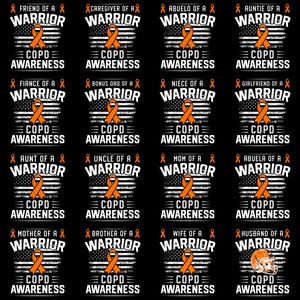 Puede incluir: Una colección de dieciséis camisetas negras con texto blanco y cintas naranjas, cada una diseñada para crear conciencia sobre la EPOC. Las camisetas presentan frases como "Amigo de un guerrero" y "Esposa de un guerrero".