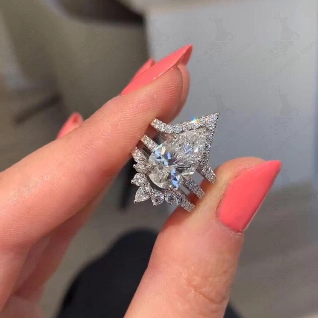 3 CT Pear Cut Moissanite Engagement Ring Set 14K Solid Gold Hidden Halo ...