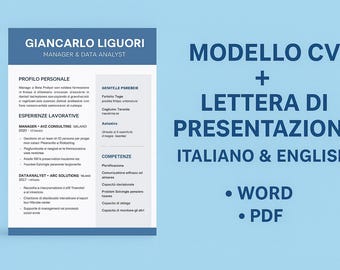 Könnte beinhalten: Eine Lebenslaufvorlage in Italienisch und Englisch mit dem Namen Giancarlo Liguori, Manager & Data Analyst. Der Text "Modello CV + Lettera di Presentazione" ist zu sehen, zusammen mit den Optionen "Word" und "PDF" auf hellblauem Hintergrund.