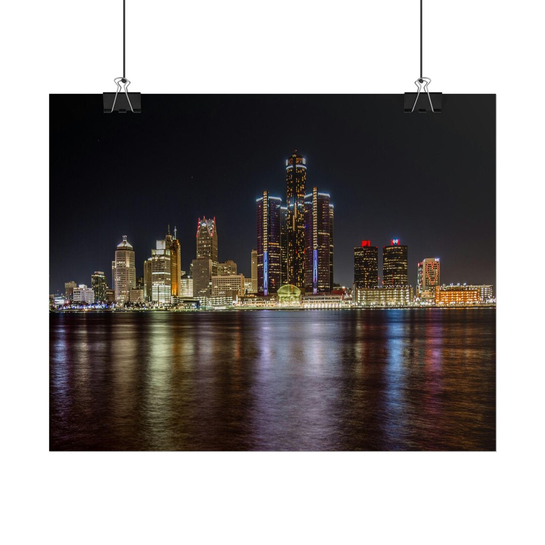Detroit Skyline at Night Poster | Riverfront City Lights | Downtown ...