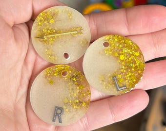 ゴールドのチャンキーグリッター入りX線マーカー – 円形、手作り樹脂製マーカー（放射線技師向け）