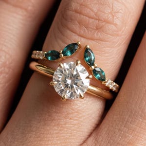 Teal Sapphire V-Shape Ring, Chevron Stacking Band, Marquise Sapphire Nesting Ring, Gold Wedding Band, Dainty Alternative Bridal Gift for Her