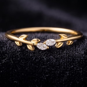Marquise Moissanite Toi Et Moi Ring, Two Stone Engagement Ring, Half Leaf Band Anniversary Gift, Stackable Promise Ring Nature Inspired Ring image 1