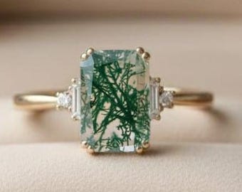Octagon Cut Moss Agate & Baguette Cut Moissanite Engagement Ring, Nature Inspired Anniversary Ring, Stackable Proposal Ring For Her