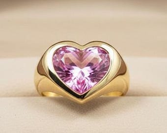 Heart Shape Solitaire Pink Sapphire Engagement Ring, Heart Signet Band Ring, Love Couple Anniversary Gift Ring, Sapphire Proposal Ring