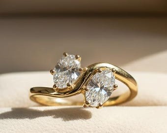 Moissanite Toi Et Moi Ring, Oval & Marquise Cut Moissanite Engagement Ring, Bypass Band Anniversary Gift, Stackable Proposal Ring For Her