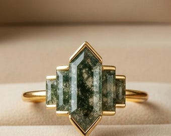 Natural Hexagon & Baguette Cut Moss Agate Ring, Moss Agate Engagement Ring, Nature Inspired Anniversary Ring For Her Statement Promise Ring