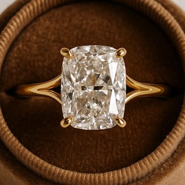 Elongated Cushion Cut Moissanite Ring, Solitaire Moissanite Engagement Ring, Minimalist Split Band Ring For Her, Vintage Cushion Cut Ring