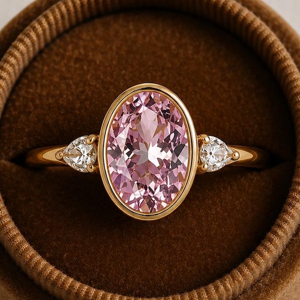 Bezel Set Pink Sapphire Ring, Minimalist 3 Stone Ring, Oval Cut Gemstone Ring, Stackable Anniversary Gift, Pear Side Stone Ring