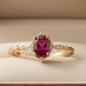 Puede incluir: Un anillo de oro con una gran piedra central de rubí ovalada, rodeada de pequeños diamantes. El anillo está en una caja de joyería marrón con el texto "NOVA JEWEL" en el interior de la tapa. La banda del anillo presenta delicados detalles de diamantes.