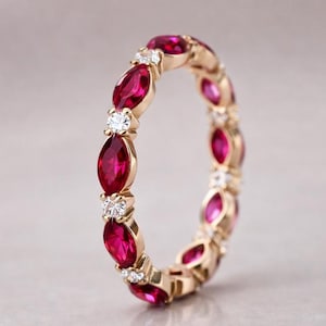 Marquise Cut Pink Ruby & Moissanite Full Eternity Band Ring, Ruby Engagement Band Ring, Alternative Anniversary Ring For Her Promise Ring