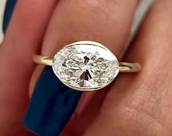 East West Oval Moissanite Ring, Half Bezel Set Moissanite Engagement Ring, Single Stone Minimalist Ring, Anniversary Promise Ring For Wife