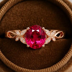 Oval Ruby Engagement Ring, 14k Rose Gold Vintage Butterfly Ring, Nature Inspired Pink Gemstone Promise Ring, July Birthstone Gift for Her