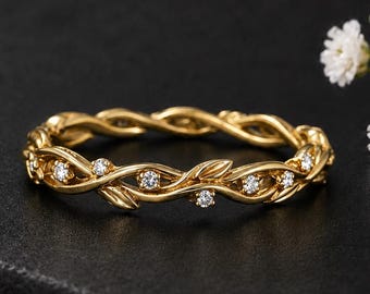 Twisted Vine Moissanite Wedding Band, Nature Inspired Gold Stacking Ring, Botanical Leaf Promise Ring for Her, Braided Branch Jewelry