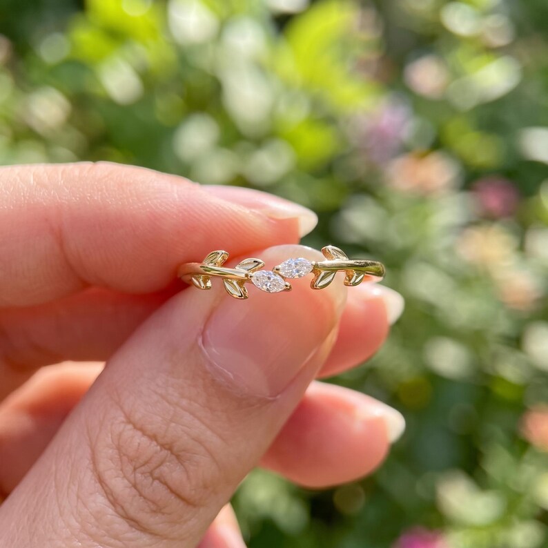 Marquise Moissanite Toi Et Moi Ring, Two Stone Engagement Ring, Half Leaf Band Anniversary Gift, Stackable Promise Ring Nature Inspired Ring image 11