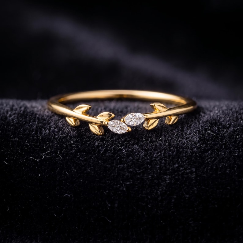 Marquise Moissanite Toi Et Moi Ring, Two Stone Engagement Ring, Half Leaf Band Anniversary Gift, Stackable Promise Ring Nature Inspired Ring image 1