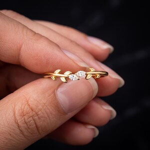 Marquise Moissanite Toi Et Moi Ring, Two Stone Engagement Ring, Half Leaf Band Anniversary Gift, Stackable Promise Ring Nature Inspired Ring image 10