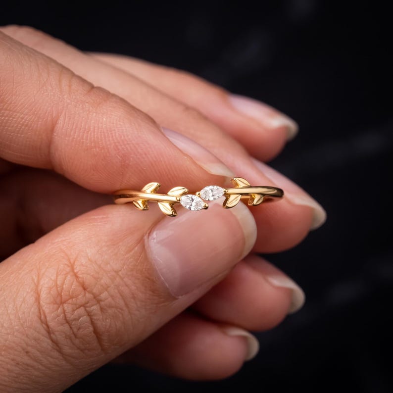 Marquise Moissanite Toi Et Moi Ring, Two Stone Engagement Ring, Half Leaf Band Anniversary Gift, Stackable Promise Ring Nature Inspired Ring image 10