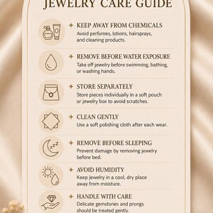 May include: A cream-colored arched jewelry care guide card from NovaJewelTreasure featuring eight icons and instructions for maintaining jewelry. The text includes Keep Away From Chemicals, Remove Before Water Exposure, Store Separately, Clean Gently, Remove Before Sleeping, Avoid Humidity, Handle With Care, and Wear After Getting Ready.
