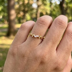 Marquise Moissanite Toi Et Moi Ring, Two Stone Engagement Ring, Half Leaf Band Anniversary Gift, Stackable Promise Ring Nature Inspired Ring image 9