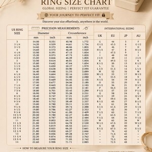 May include: A ring size chart by Nova Jewel Treasure featuring a table with US, UK, EU, JP, and AU sizing, including diameter and circumference in inches and millimeters. The chart includes instructions on how to measure ring size with a string.