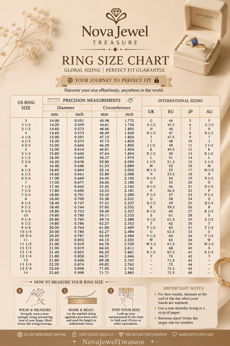 May include: A ring size chart by Nova Jewel Treasure featuring a table with US, UK, EU, JP, and AU sizing, including diameter and circumference in inches and millimeters. The chart includes instructions on how to measure ring size with a string.